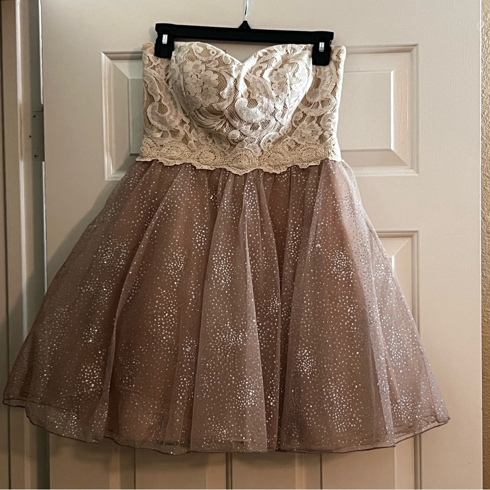 Cream Lace & Taupe Sparkle Party Dress